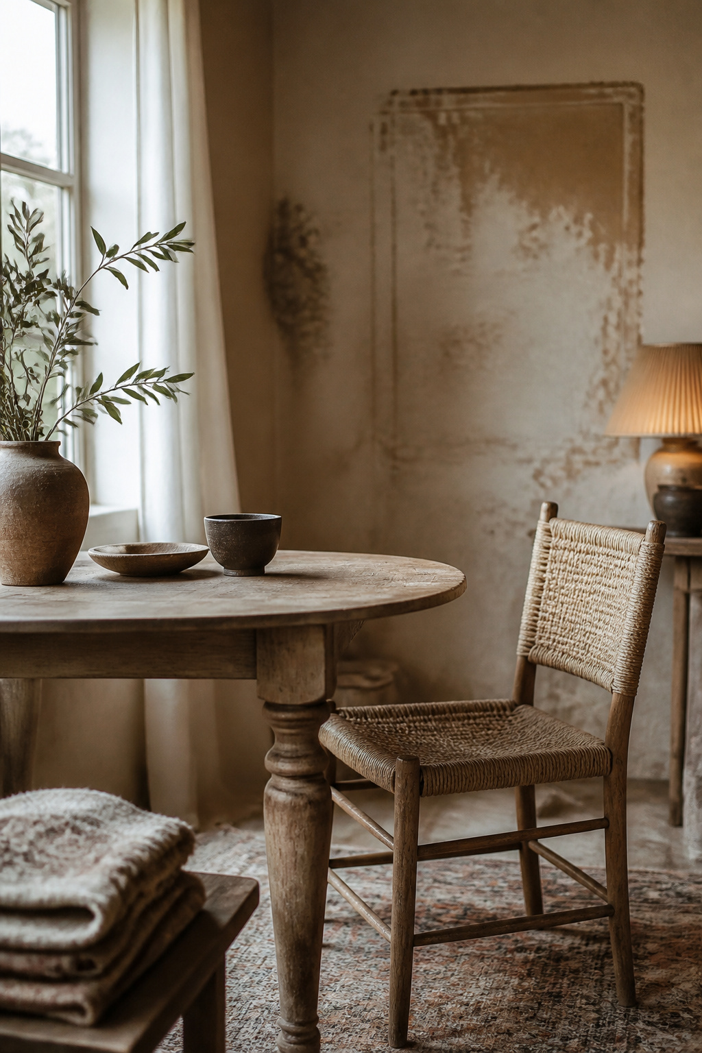 Small period dining room edited down to one round table and a single woven chair, textiles folded aside