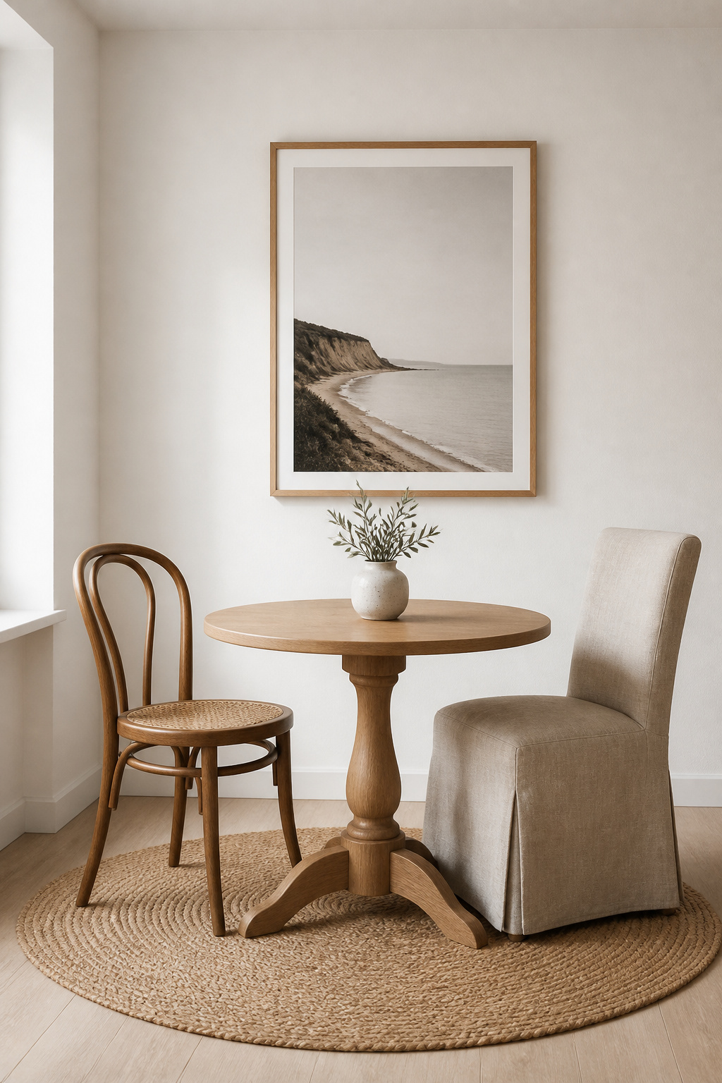 Small eclectic dining corner with round table, two mismatched chairs, and a single large-frame print on a white wall demonstrating lagom restraint