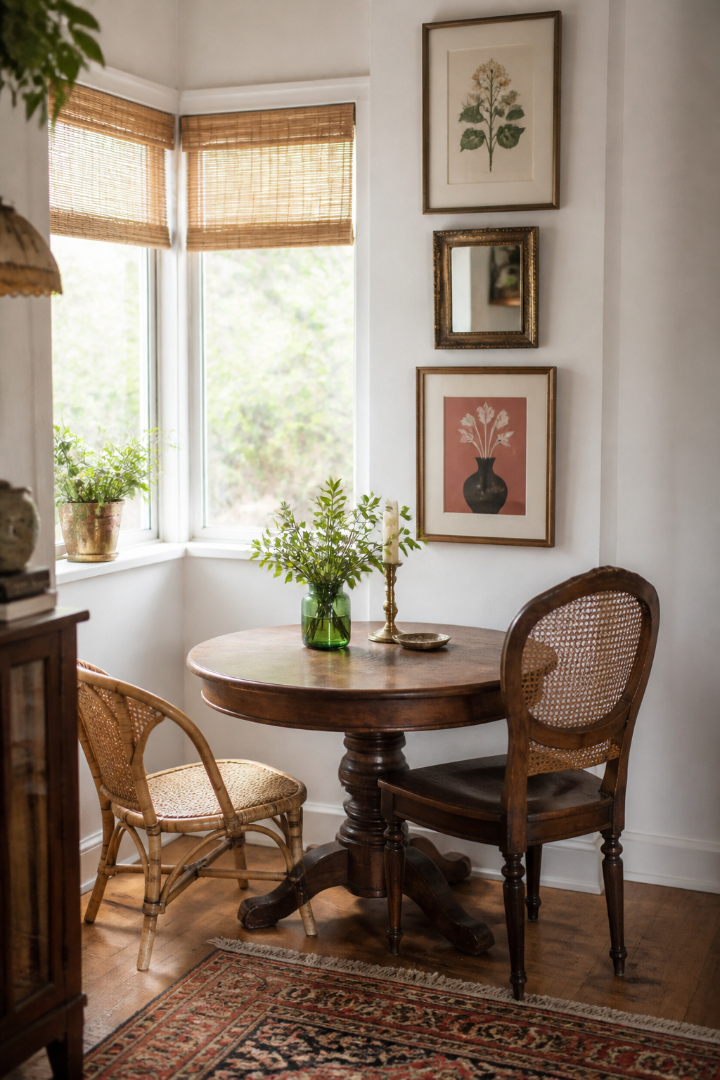 Small round antique oak pedestal dining table with a cane-back chair and a rattan chair in a corner nook, with white walls, a vertical stack of mixed-frame art pieces from mid-wall to ceiling, a small Persian rug and natural window light