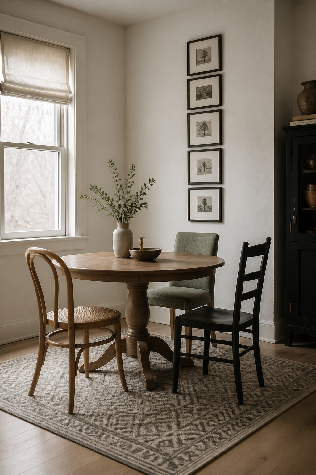Small eclectic dining room with round pedestal table, three mismatched chairs, and a narrow vertical gallery wall — collected not cluttered