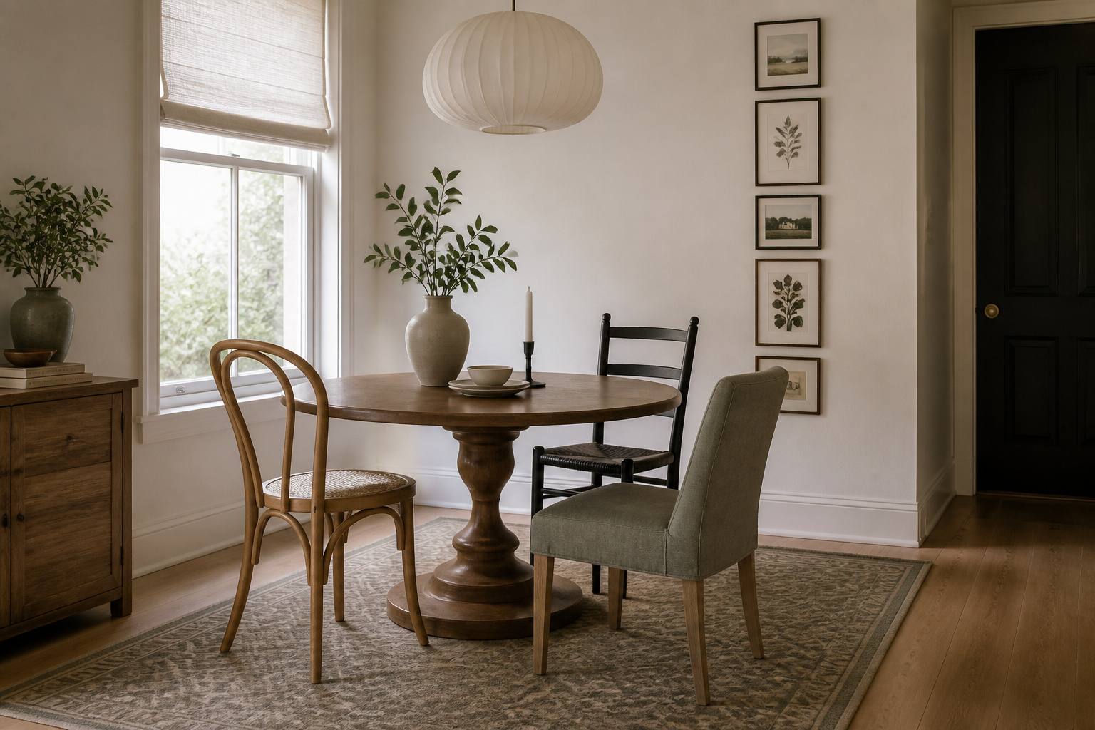 Small eclectic dining room with round pedestal table, three mismatched chairs, and a narrow vertical gallery wall — collected not cluttered
