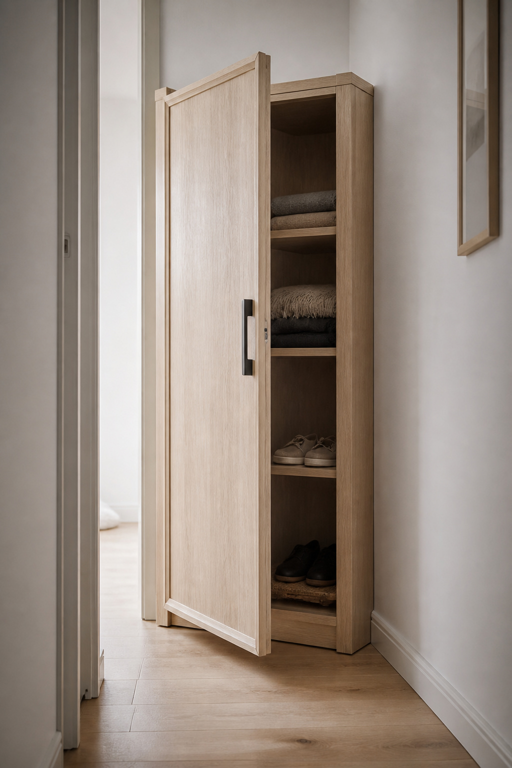Slim armoire with closed storage for coats and shoes in a small entryway without a mudroom