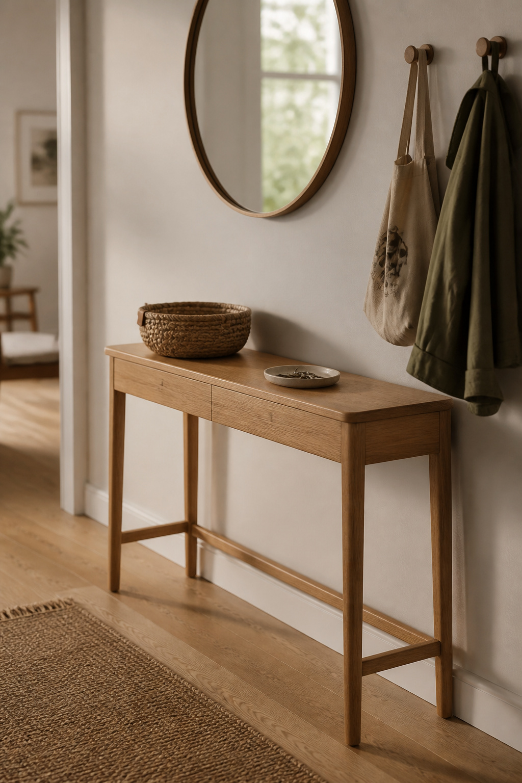 Small entryway drop zone with a narrow console table, hooks, and basket for a home without a mudroom