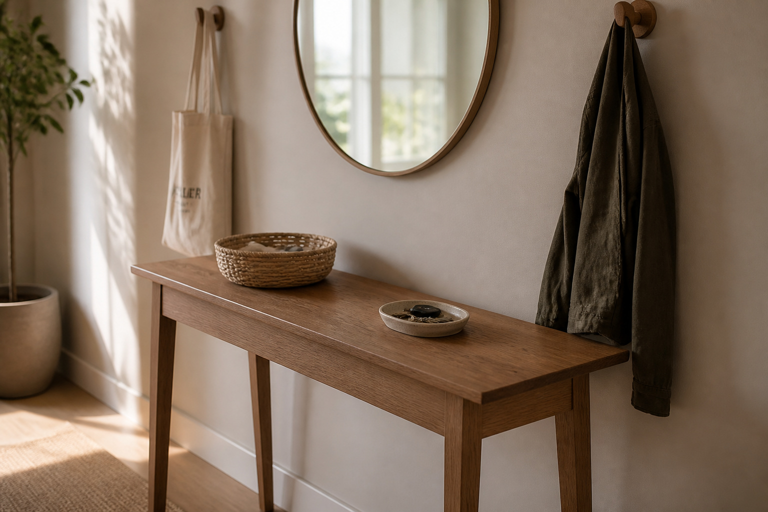 Small entryway drop zone with a narrow console table, hooks, and basket for a home without a mudroom
