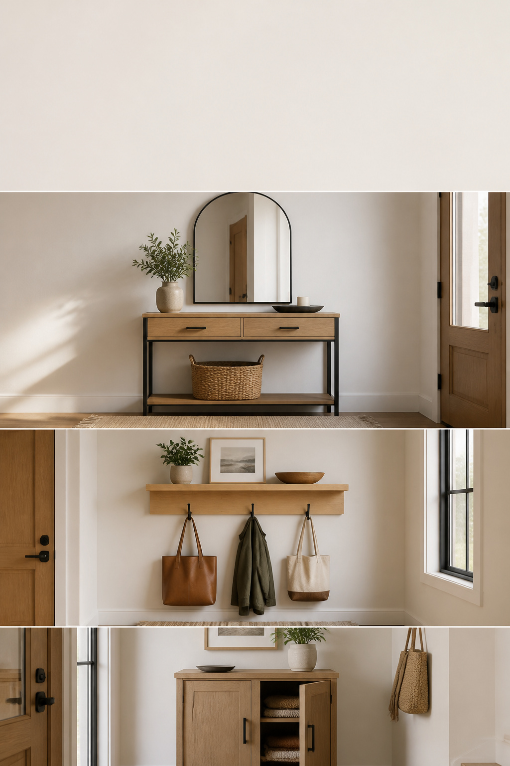 Three small entryway drop zone ideas for homes without a mudroom, from console tables to wall shelves and closed cabinets