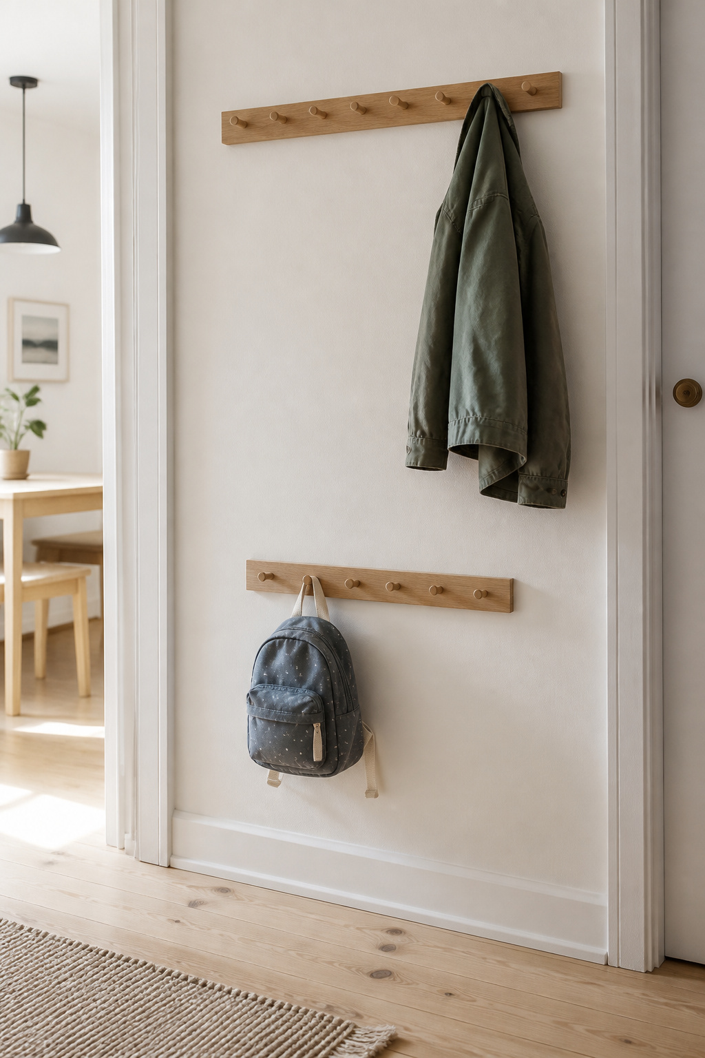 Low hook row for a child's backpack fitted into a small entryway drop zone