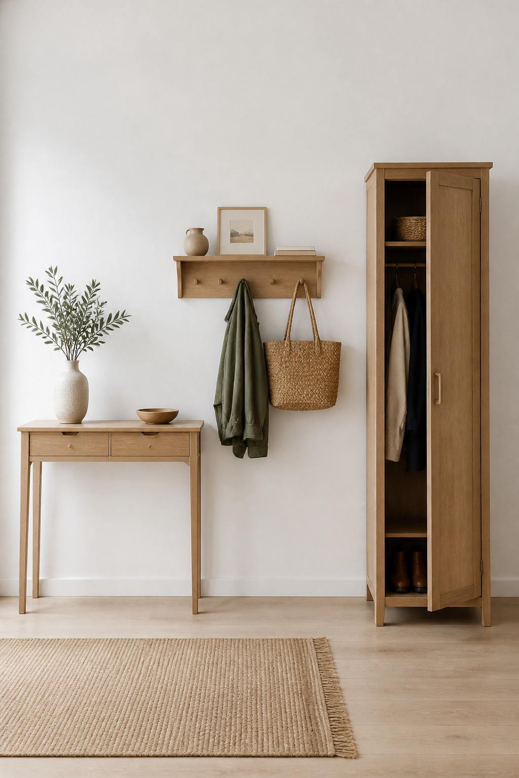 Three small entryway drop zone options compared side by side: console table, wall shelf, and armoire