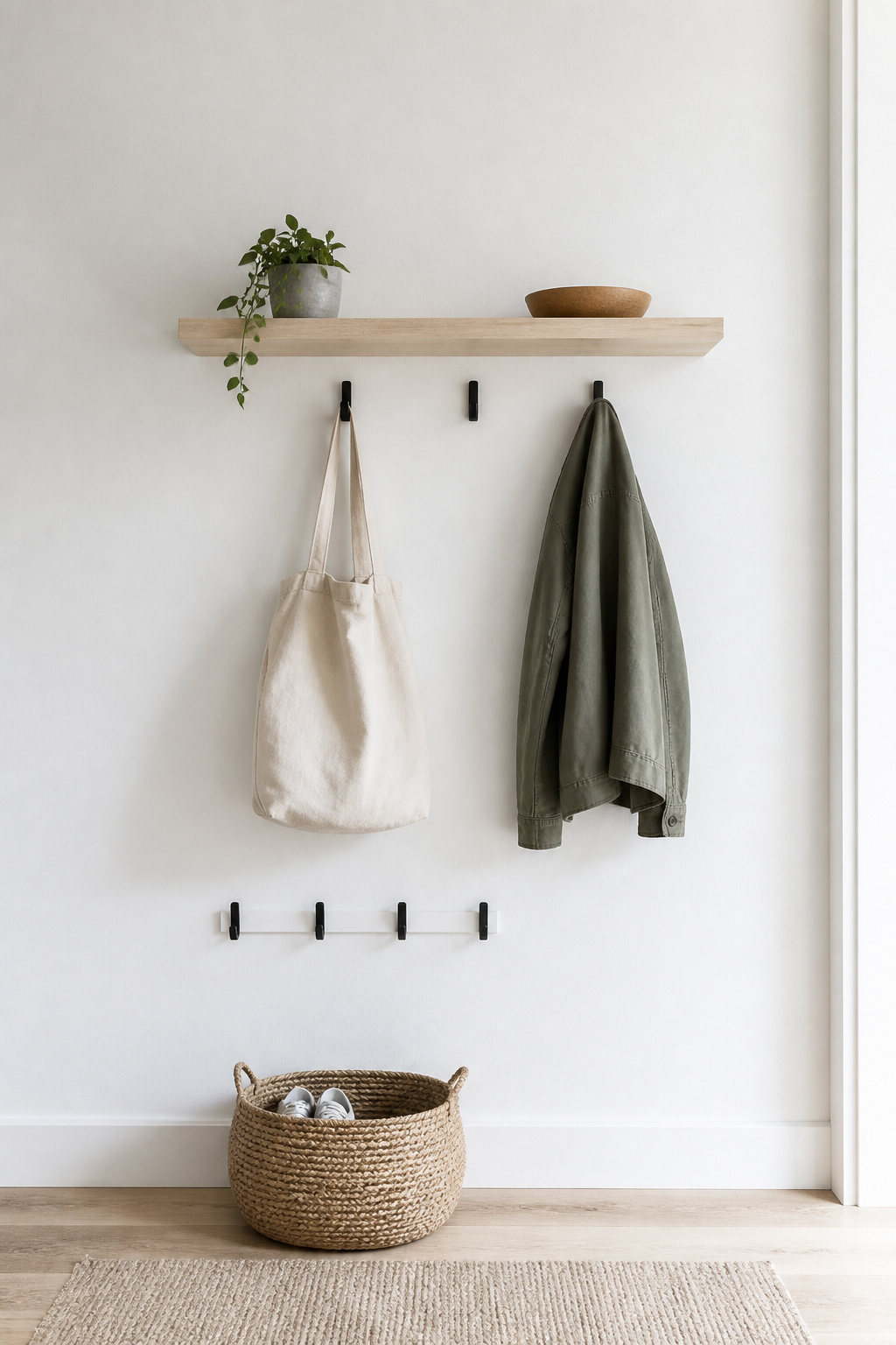 Wall-mounted floating shelf and two-height hook rail for a small entryway with kids and adults