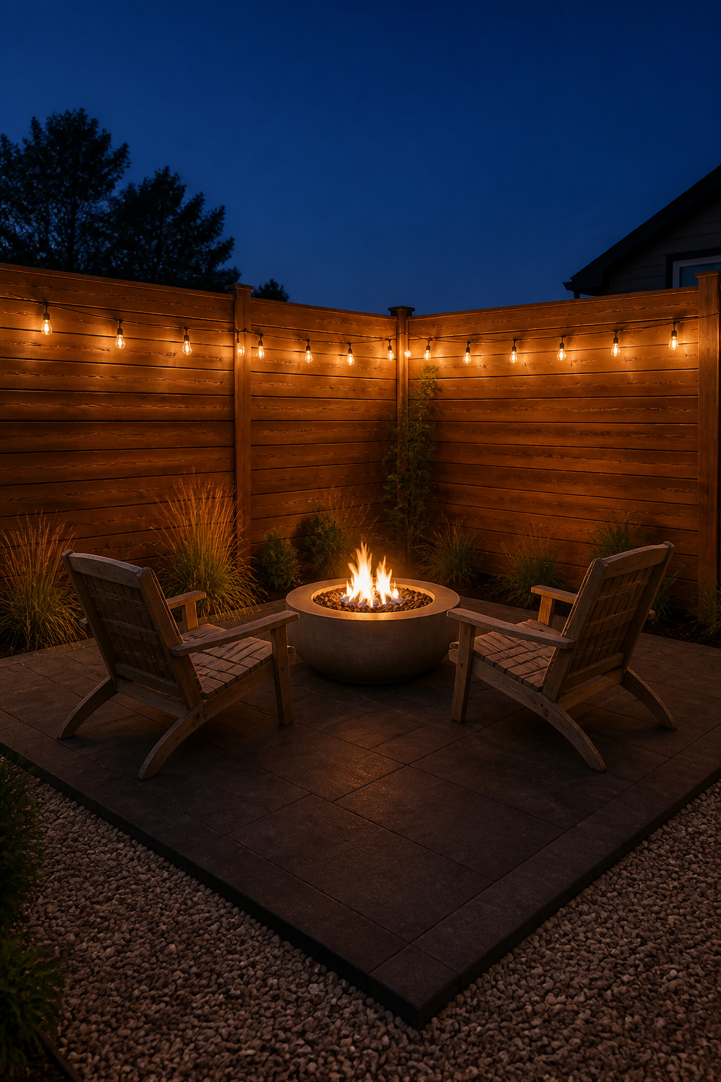 Compact 34-inch concrete fire bowl in corner of 10x12 patio with two teak lounge chairs at dusk, cedar fence and string lights behind