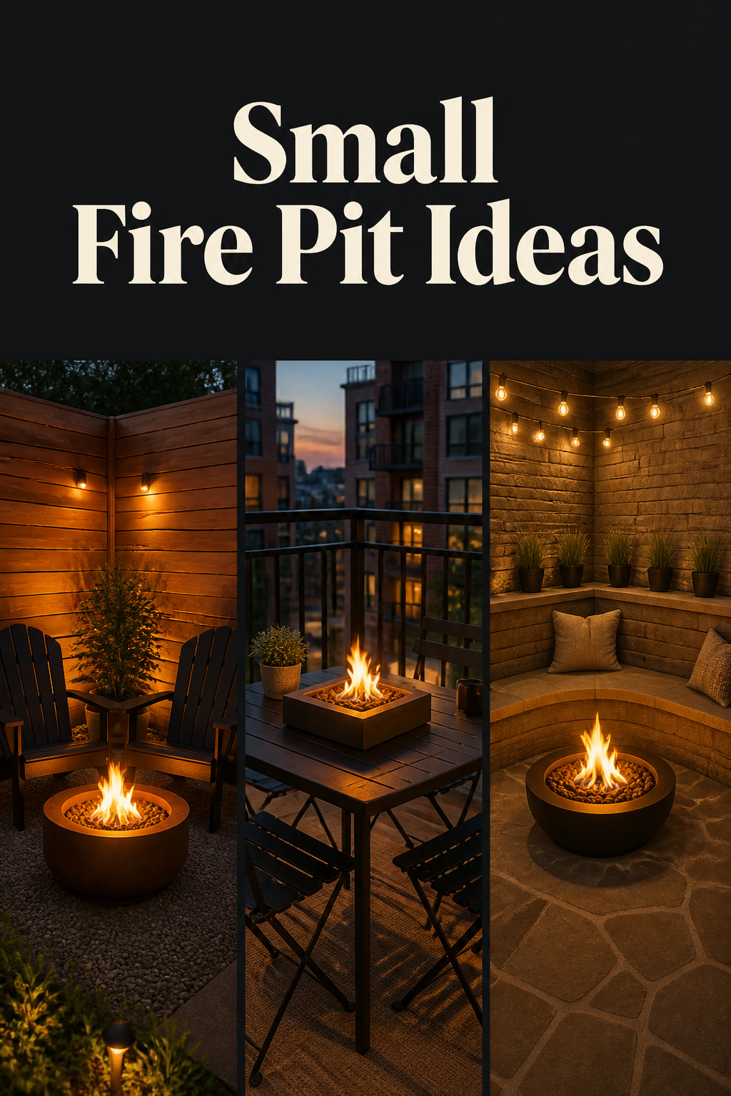 Three small fire pit layouts side by side: corner bowl with two chairs, tabletop propane on balcony table, and curved built-in bench in corner patio