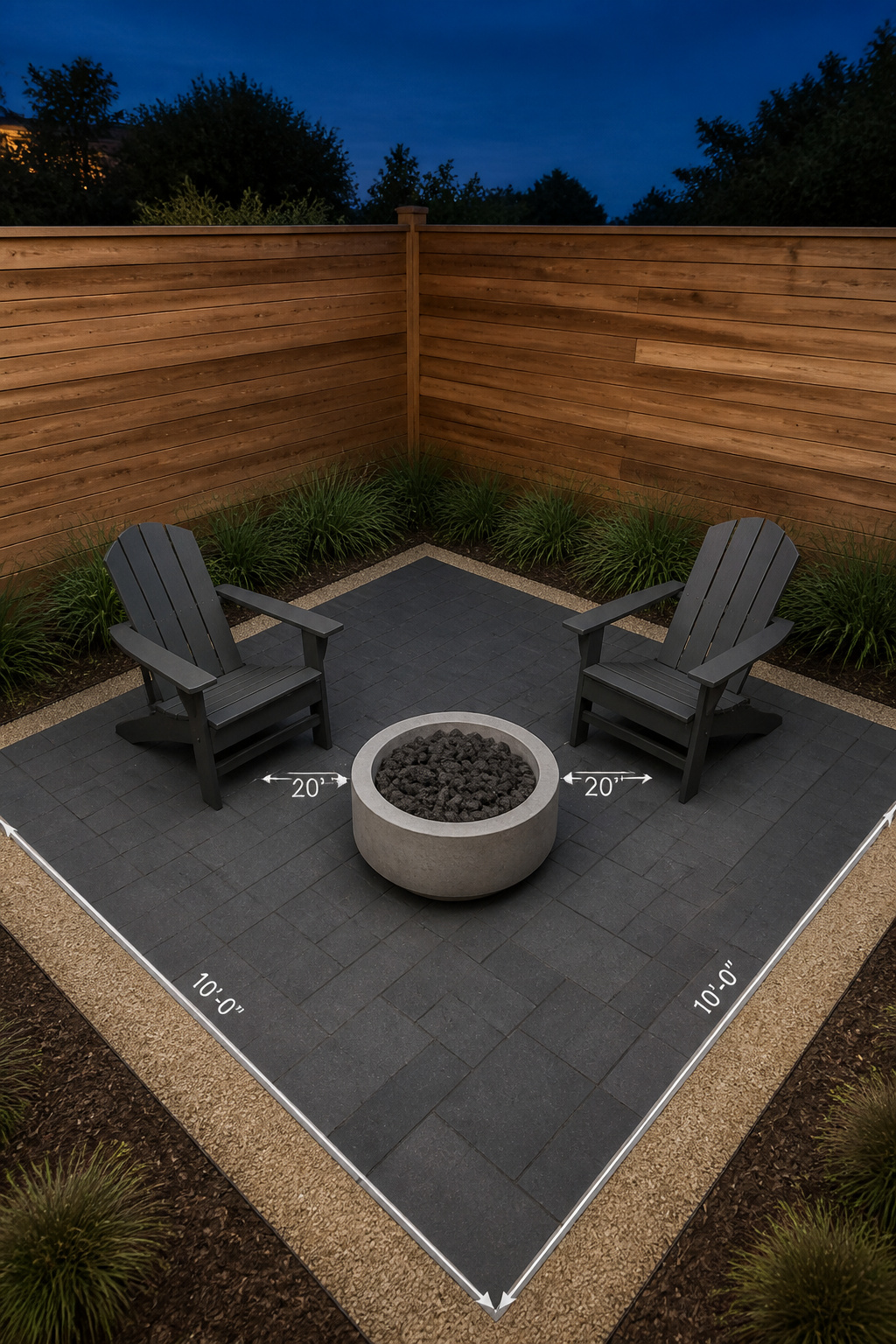 Overhead view of 30-inch fire bowl on 10x10 patio with two chairs at 20 inches clearance, cedar fence corner visible
