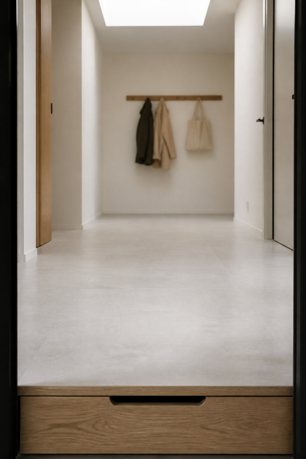 Compact foyer viewed from the front door showing a pale large-format tile floor that reads as one unbroken surface