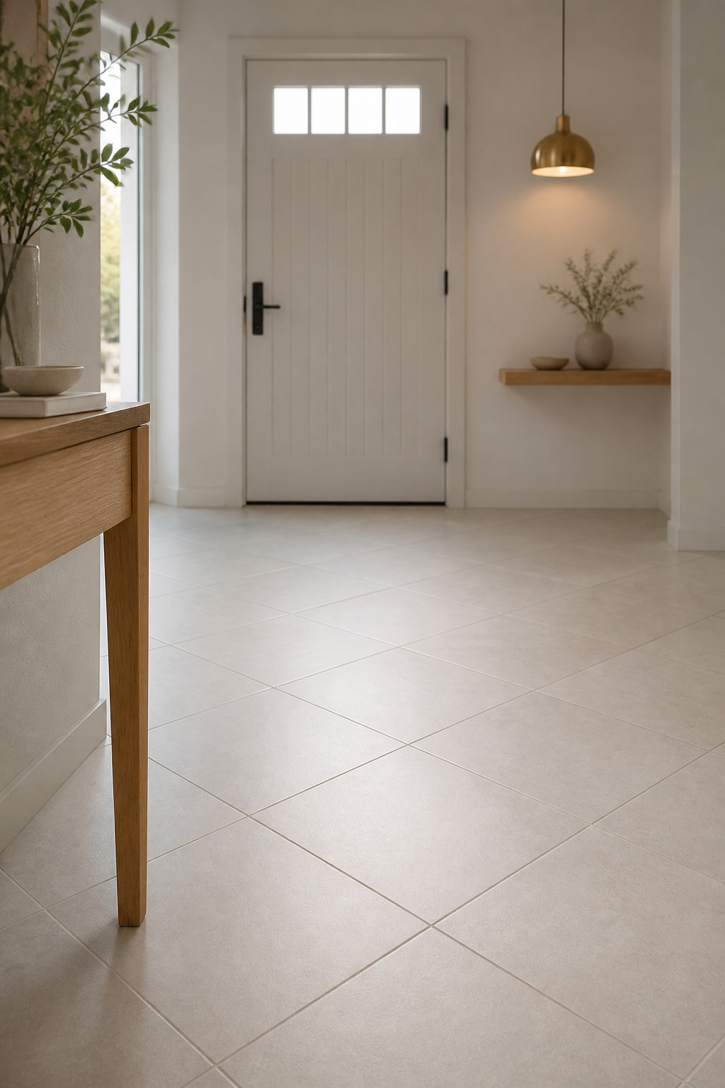 Small foyer tiled in 24x24 pale porcelain set on a 45-degree diagonal, with near-invisible grout lines and an oak console in the background