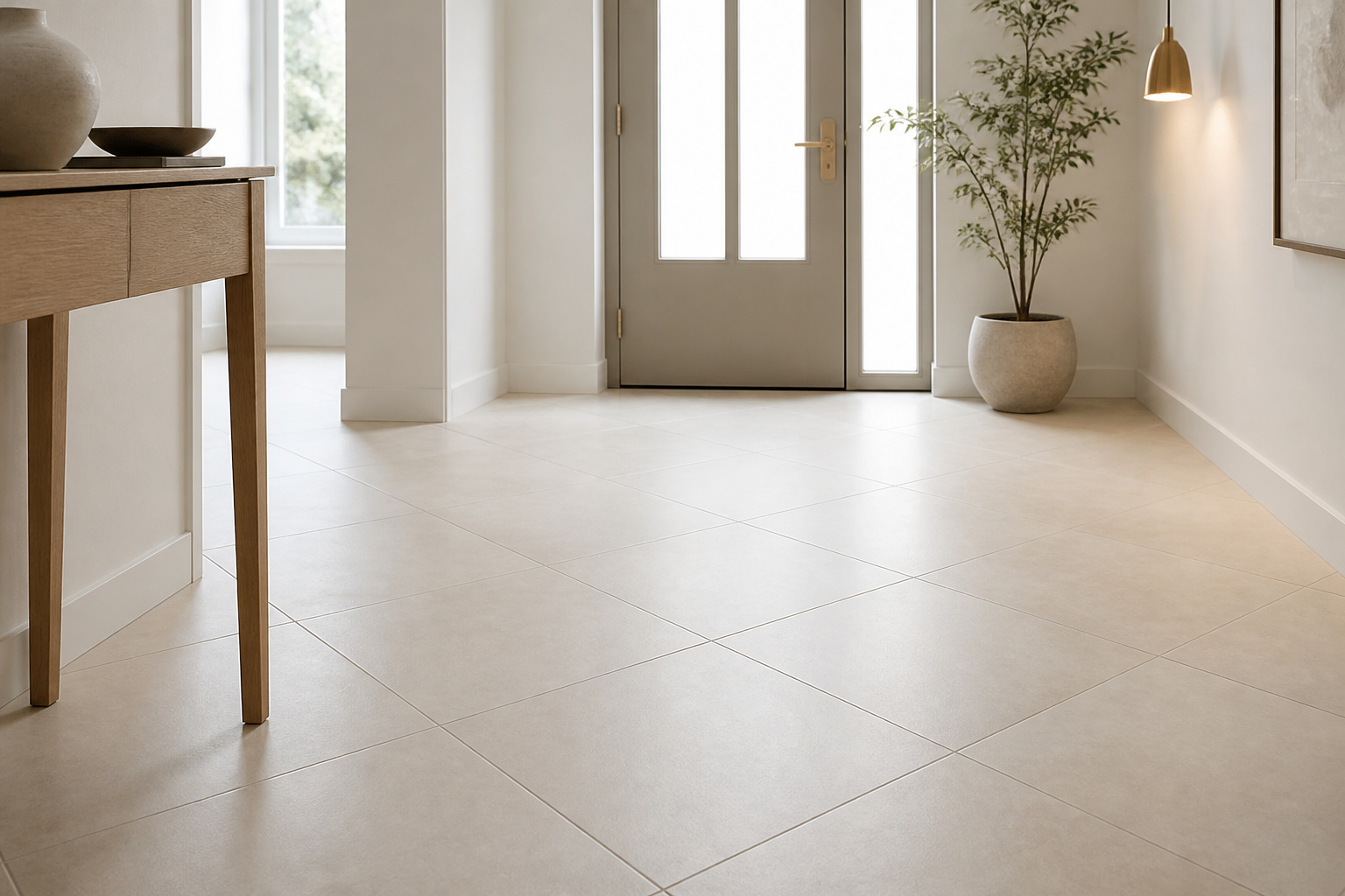 Small foyer tiled in 24x24 pale porcelain set on a 45-degree diagonal, with near-invisible grout lines and an oak console in the background