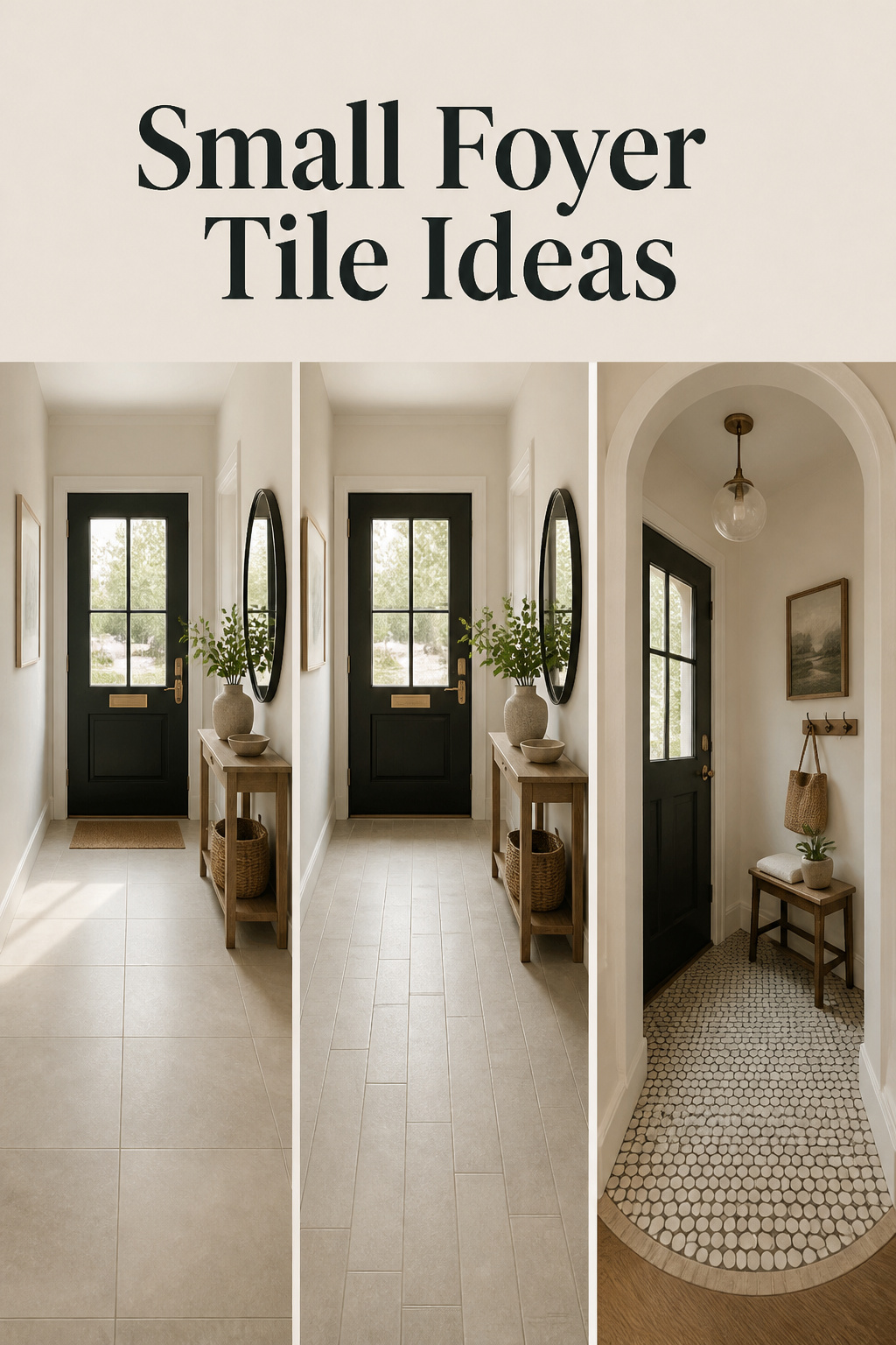 Three side-by-side small foyer tile options: large-format pale porcelain, running-bond rectangular tile, and penny-round mosaic in a curved entry