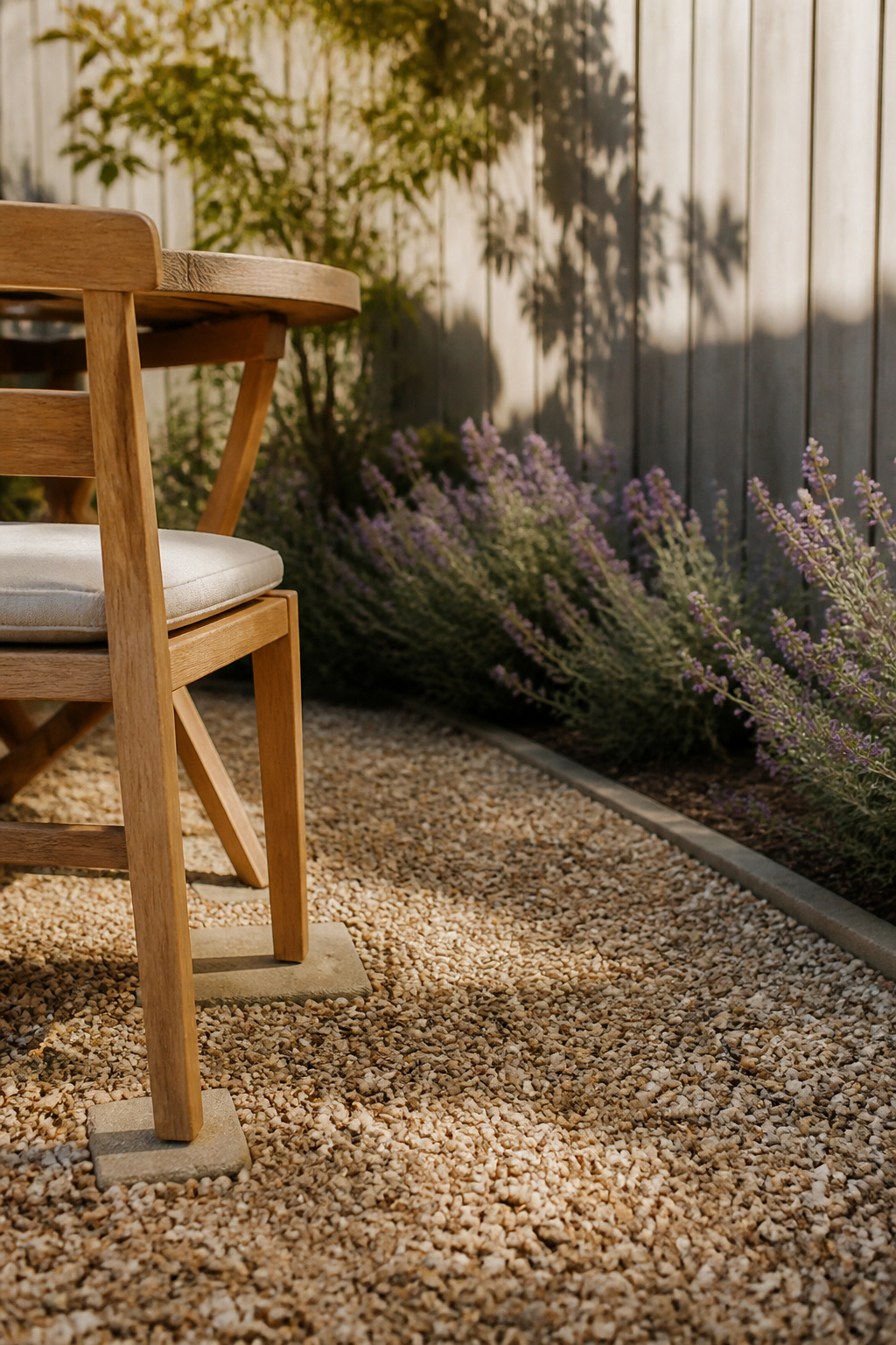 A compact buff gravel patio corner fitted with a small bistro table and two teak chairs