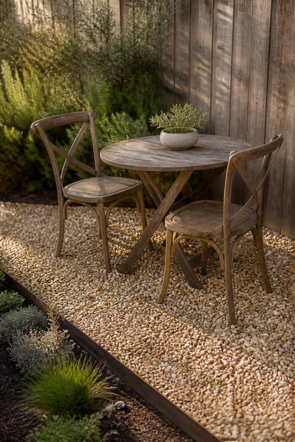 Small buff pea gravel patio corner with a round bistro table and two chairs against a weathered timber fence