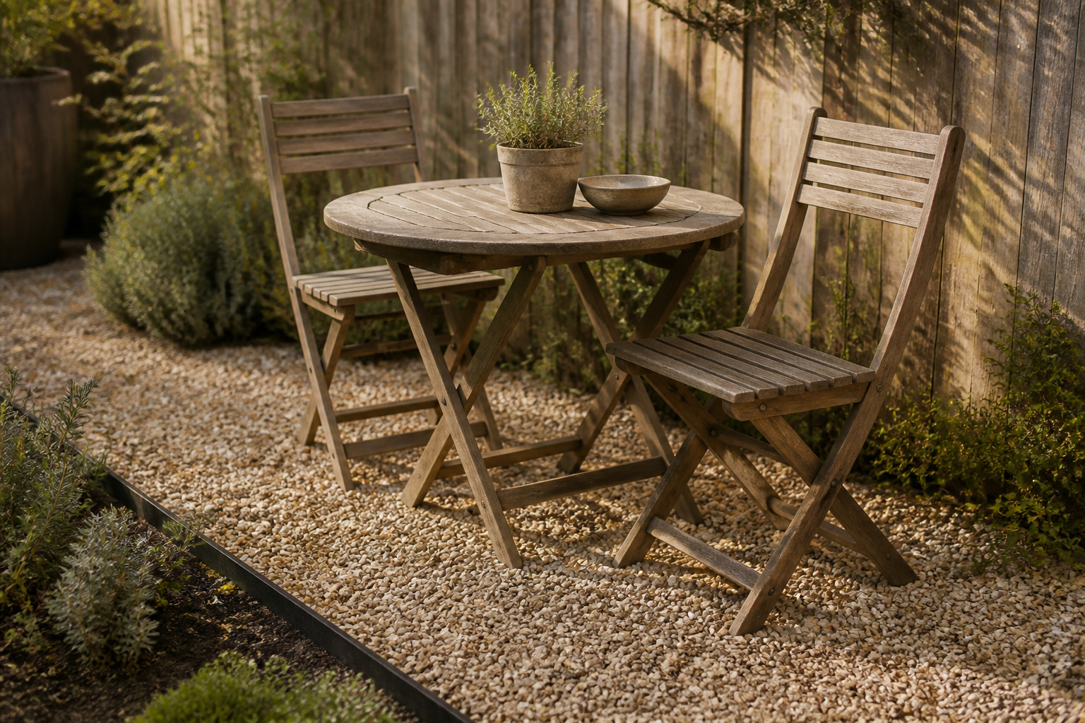 Small buff pea gravel patio corner with a round bistro table and two chairs against a weathered timber fence