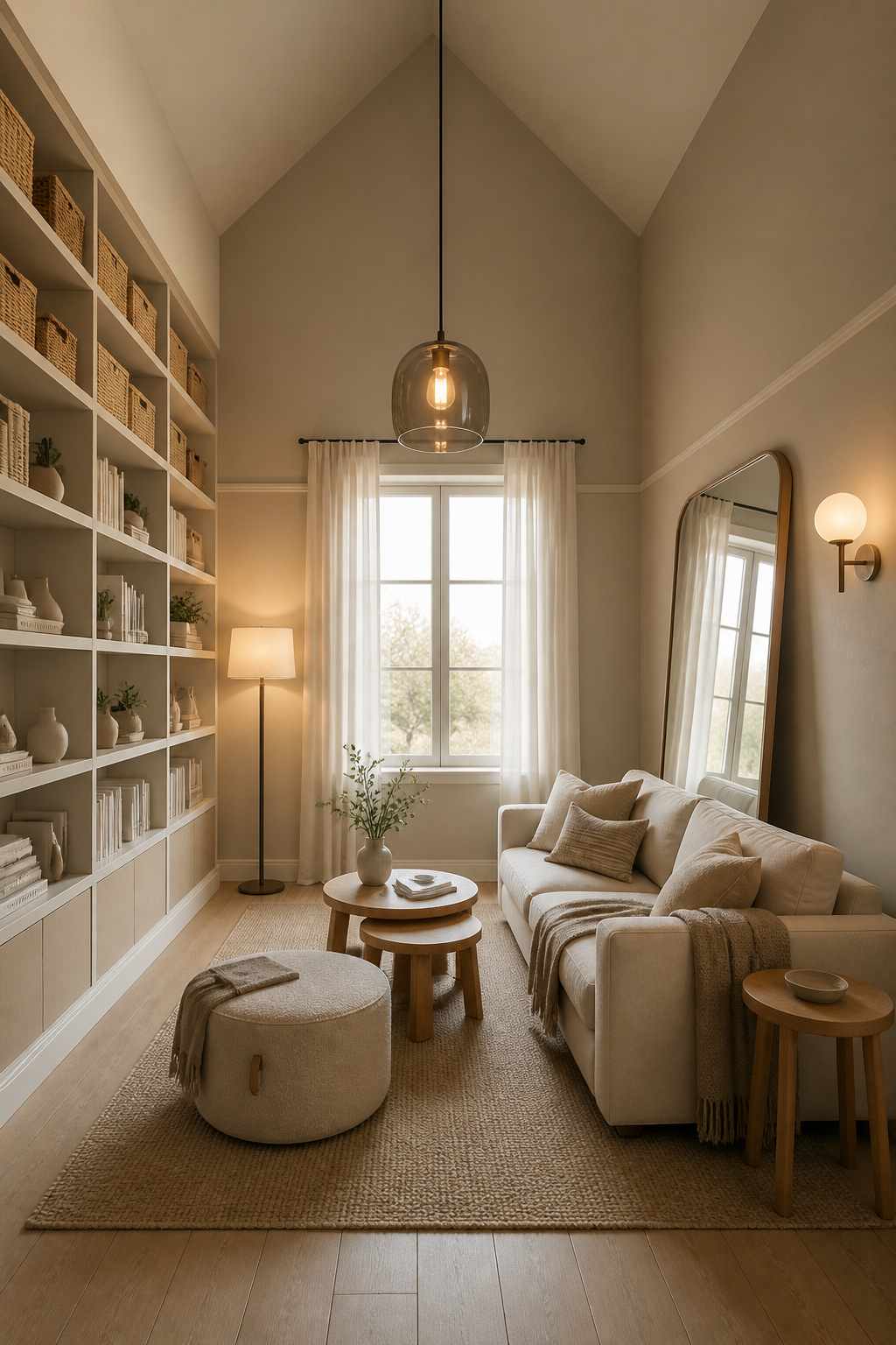 Fully resolved small Scandinavian living room with high vaulted ceiling showing all five design steps: proportion fix, low furniture, light palette, floor-to-ceiling shelving and three-level lighting