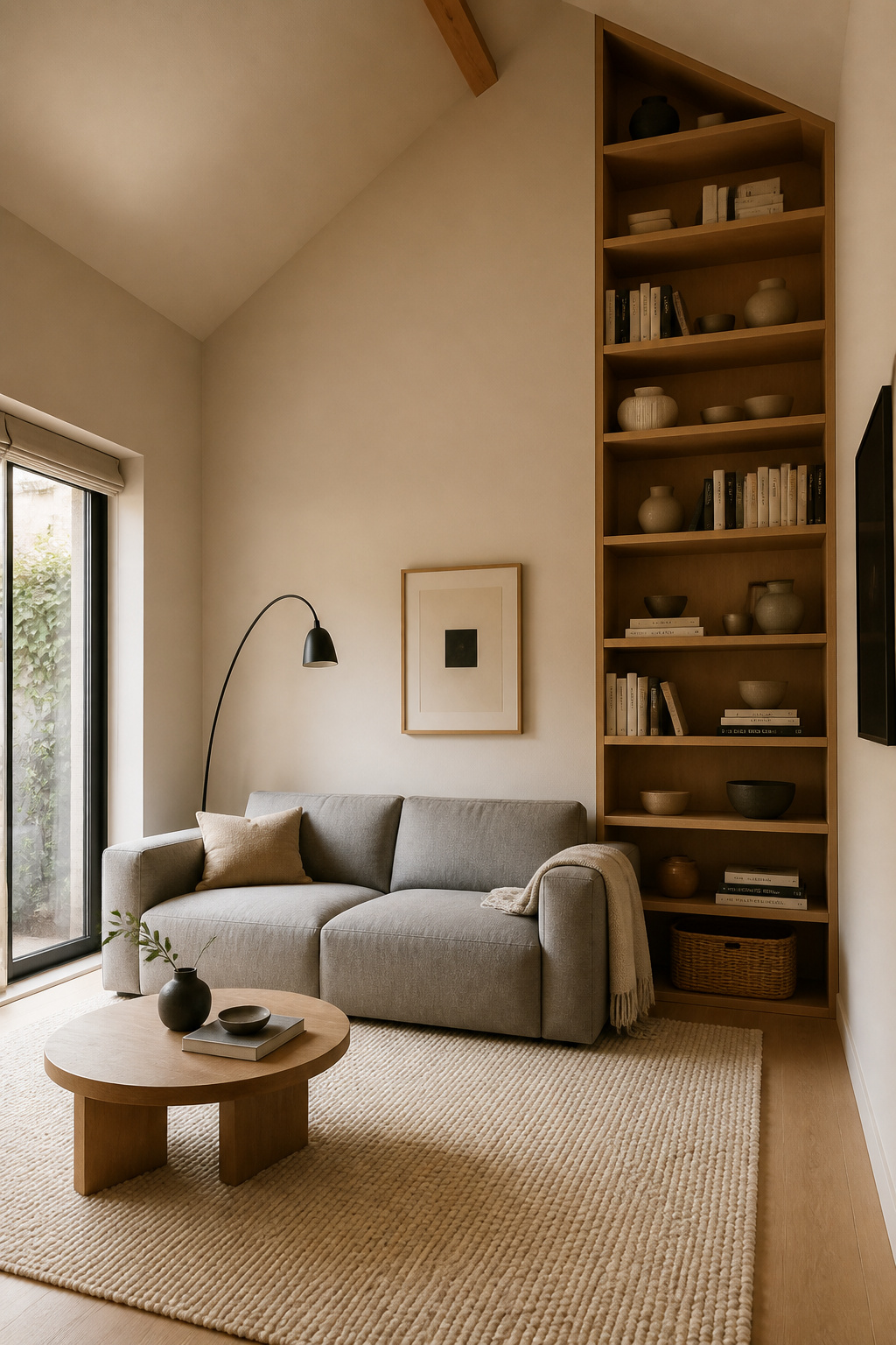 Small high-ceiling living room with low-profile linen sofa and floor-to-ceiling oak shelving using the vault height for storage