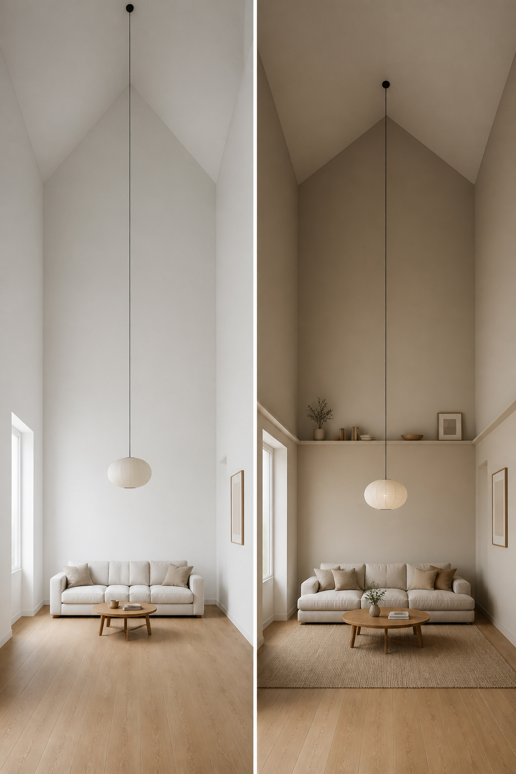 Side-by-side comparison of small high-ceiling living room before and after proportion fix with two-tone paint and low furniture
