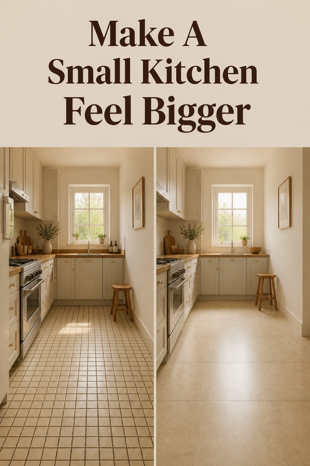 Split comparison of small tile versus large-format tile flooring in a small kitchen, Pinterest pin