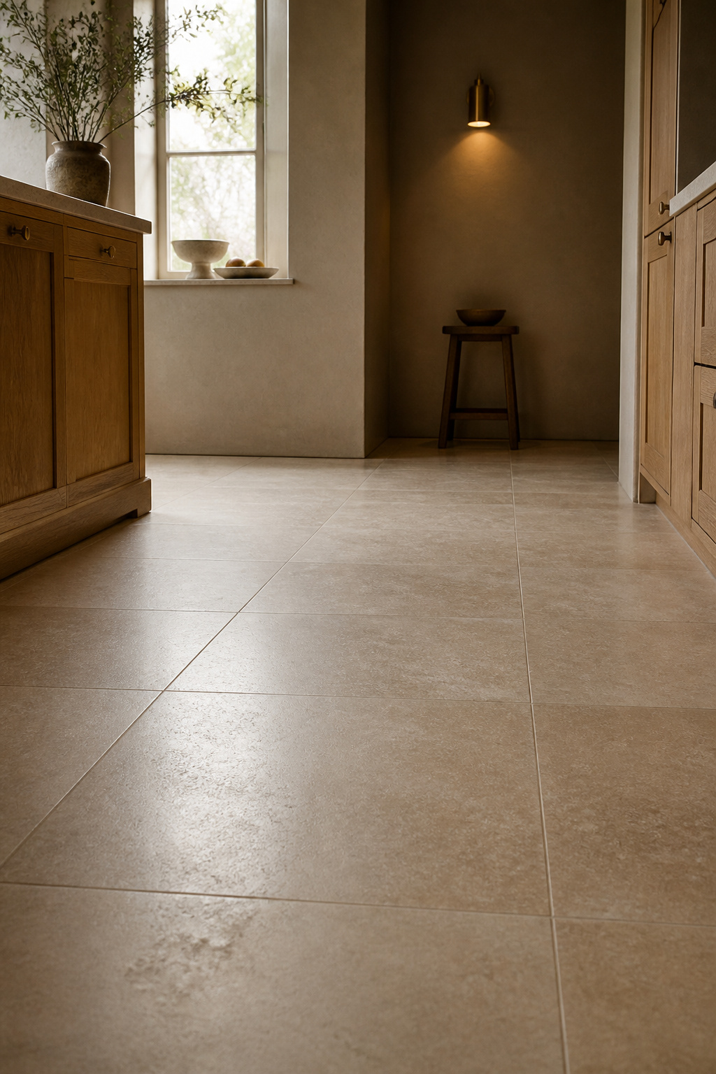 Large dijon limestone floor tiles with wide-spaced grout lines in a small kitchen