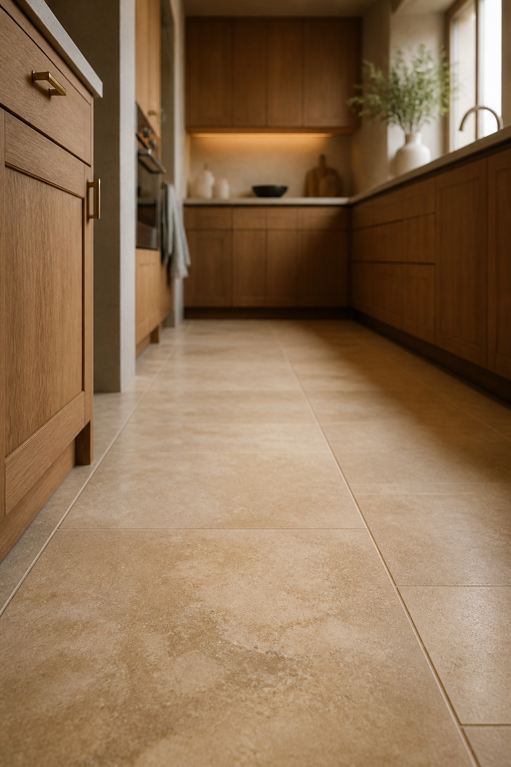Large-format honed limestone floor tile in a narrow galley kitchen with honey oak cabinetry and brass hardware