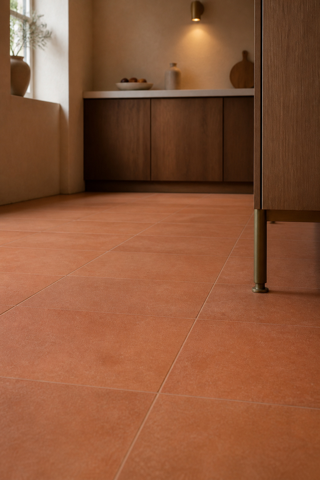 Terracotta clay floor tile with grout matched to the tile color for a seamless small kitchen floor