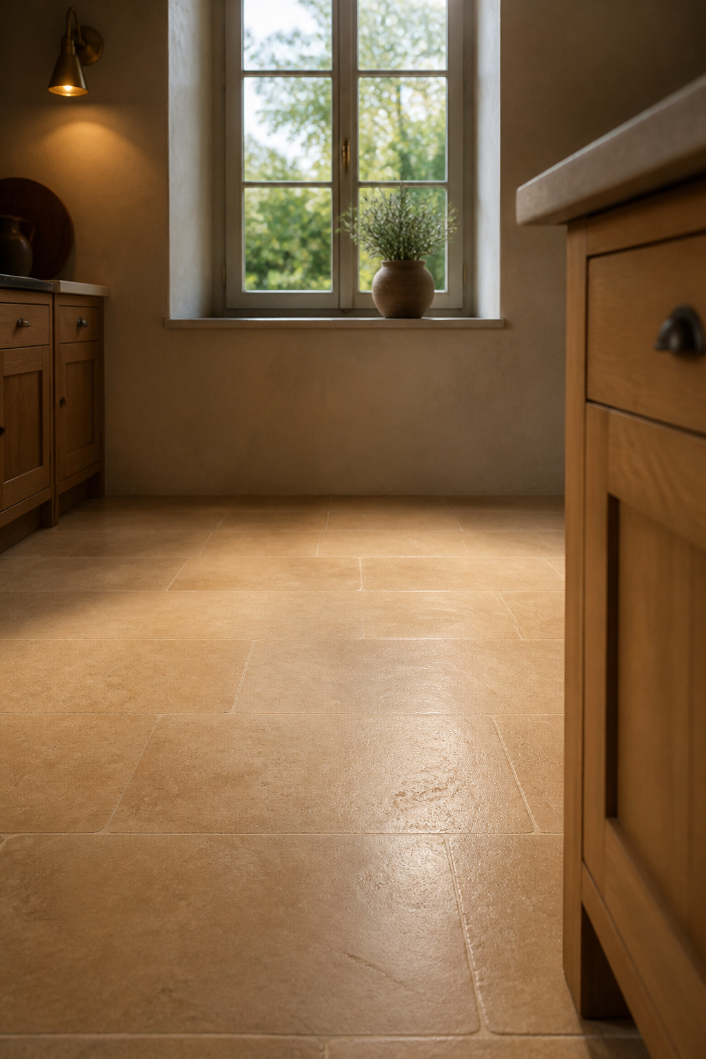 Honed limestone kitchen floor catching daylight from a single window