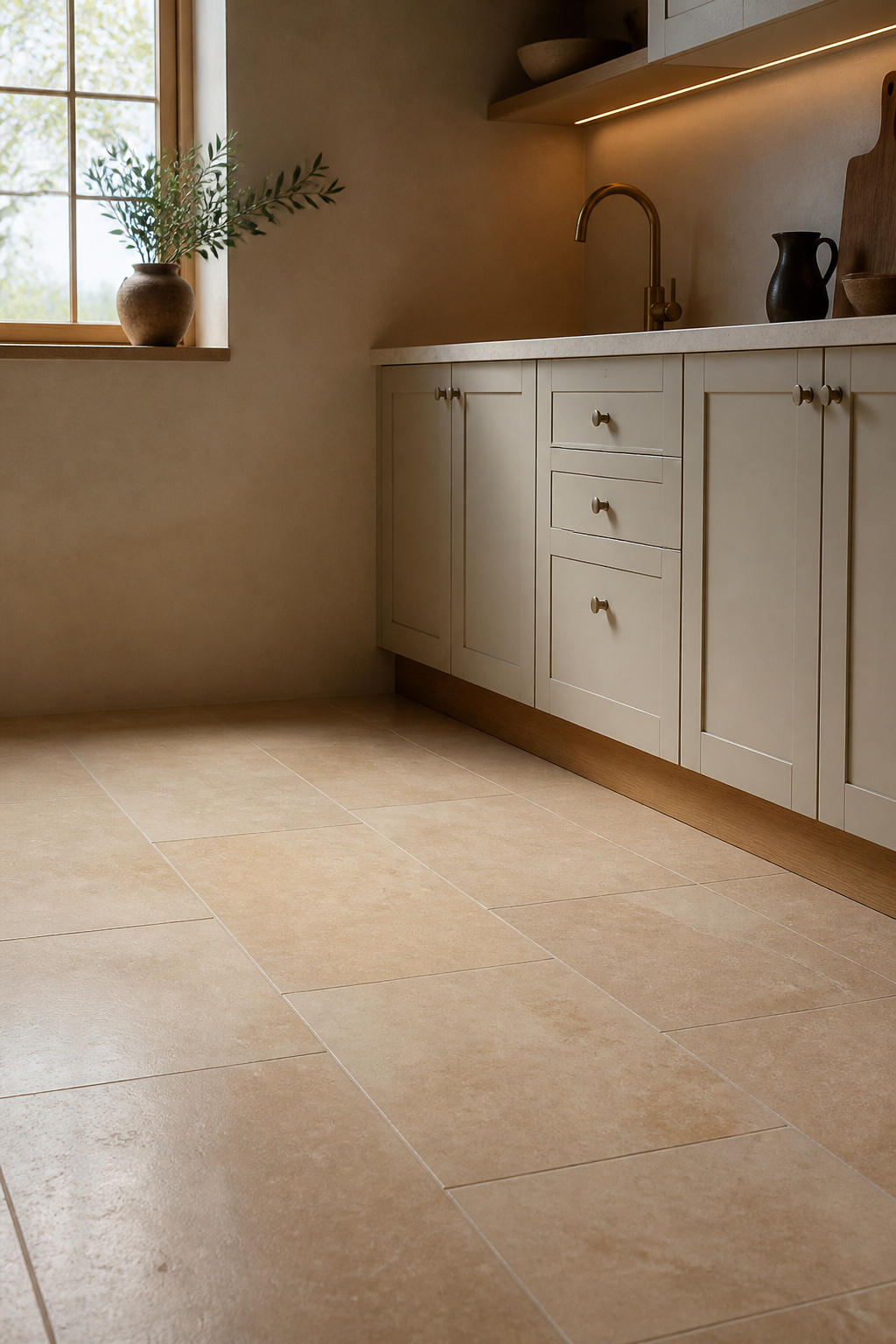 12 by 24 inch honed limestone floor tile scaled to a small kitchen footprint