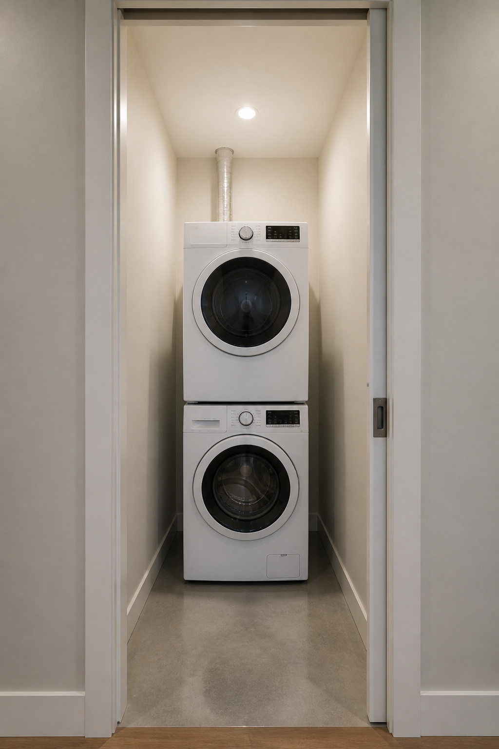 Compact upstairs laundry closet with stacked front-load washer and dryer revealed behind a fully retracted pocket door