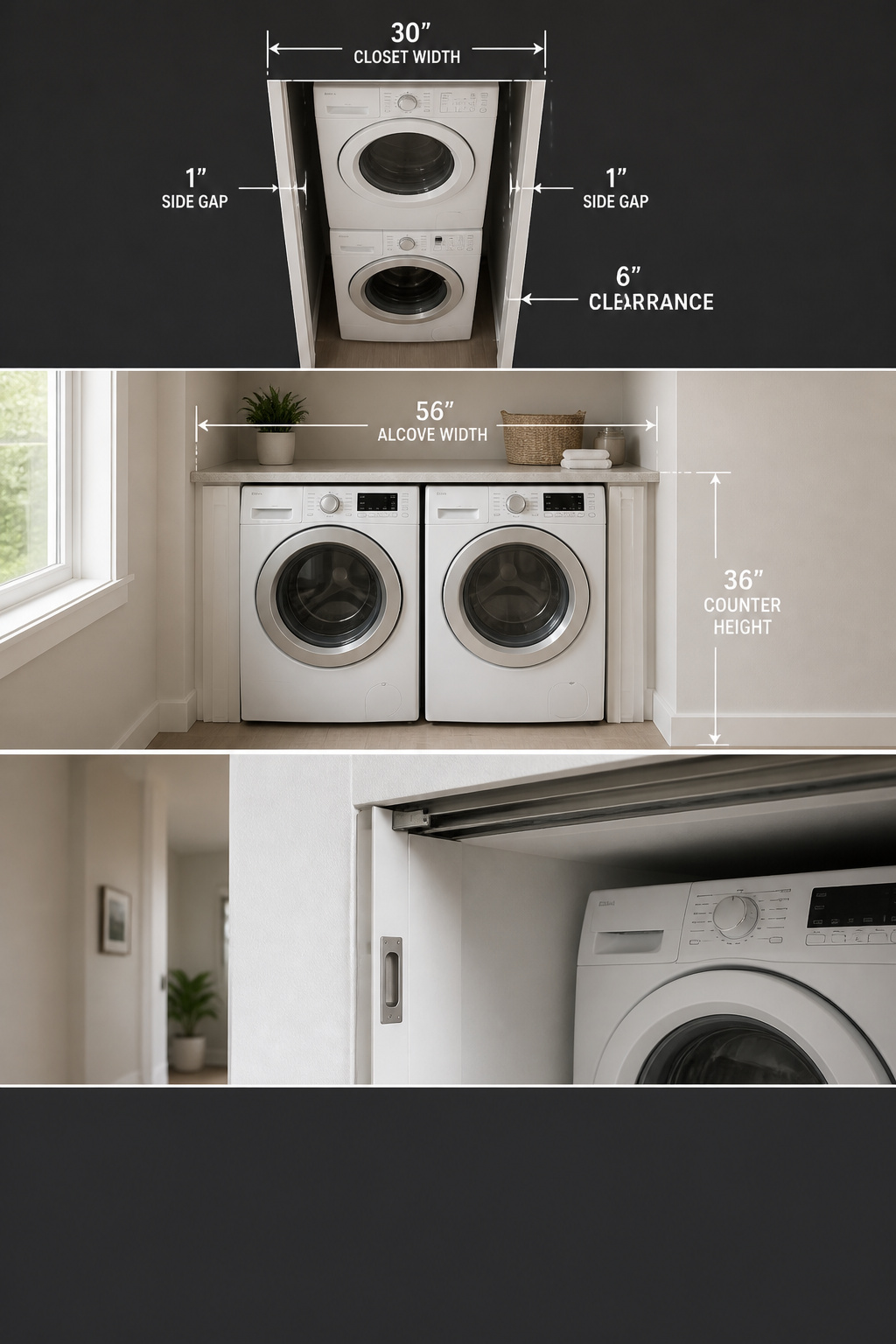 Three-panel collage showing stacked washer-dryer clearance diagram, side-by-side layout with counter, and pocket door hardware for laundry closet