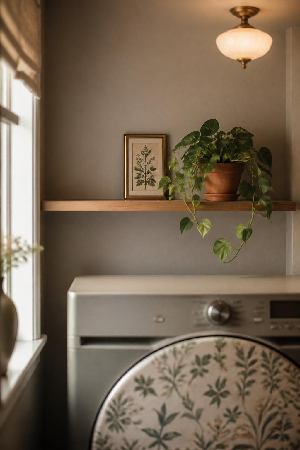 Narrow laundry shelf styled with a single framed print and one trailing plant, with deliberate empty space on either side