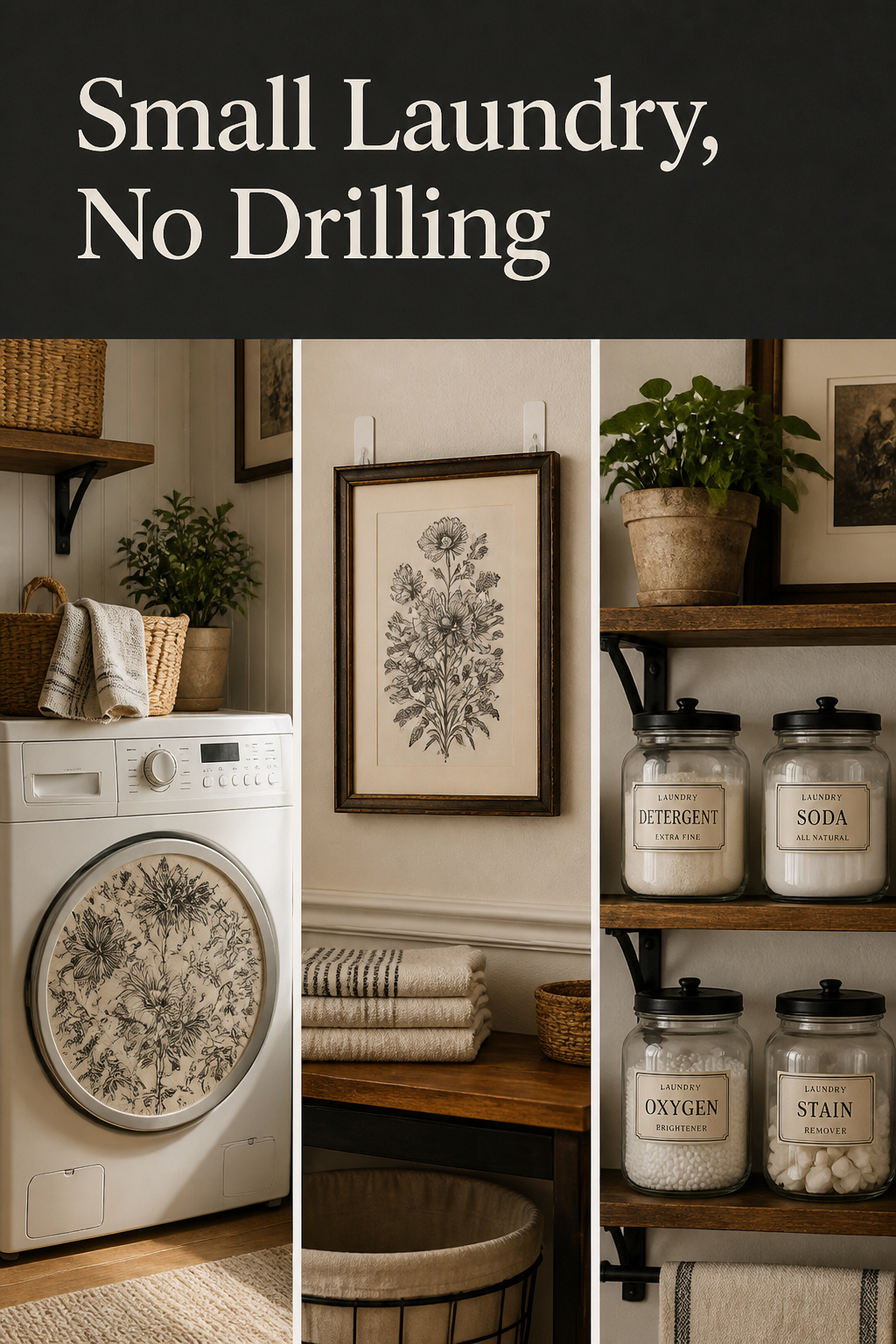 Pinterest pin collage of a small rental laundry room decorated with contact paper, a Command-strip framed print and a styled jar shelf