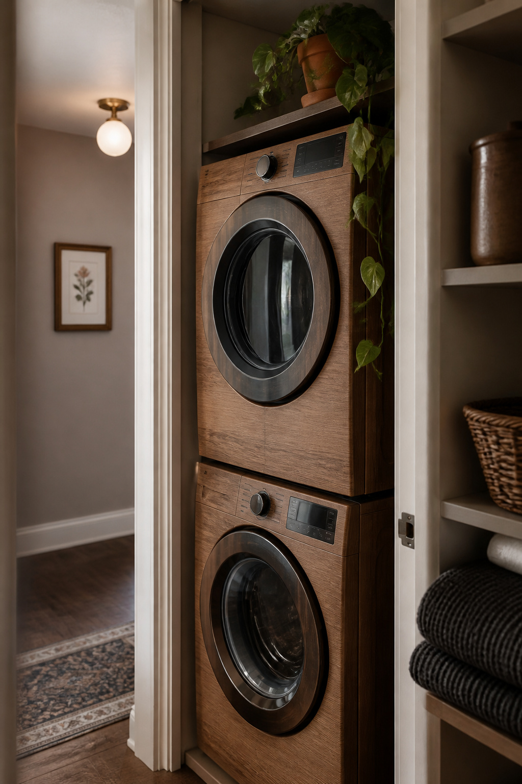 Small rental laundry closet with wood-grain contact paper on the washer and dryer, one trailing plant and one framed print on a narrow shelf