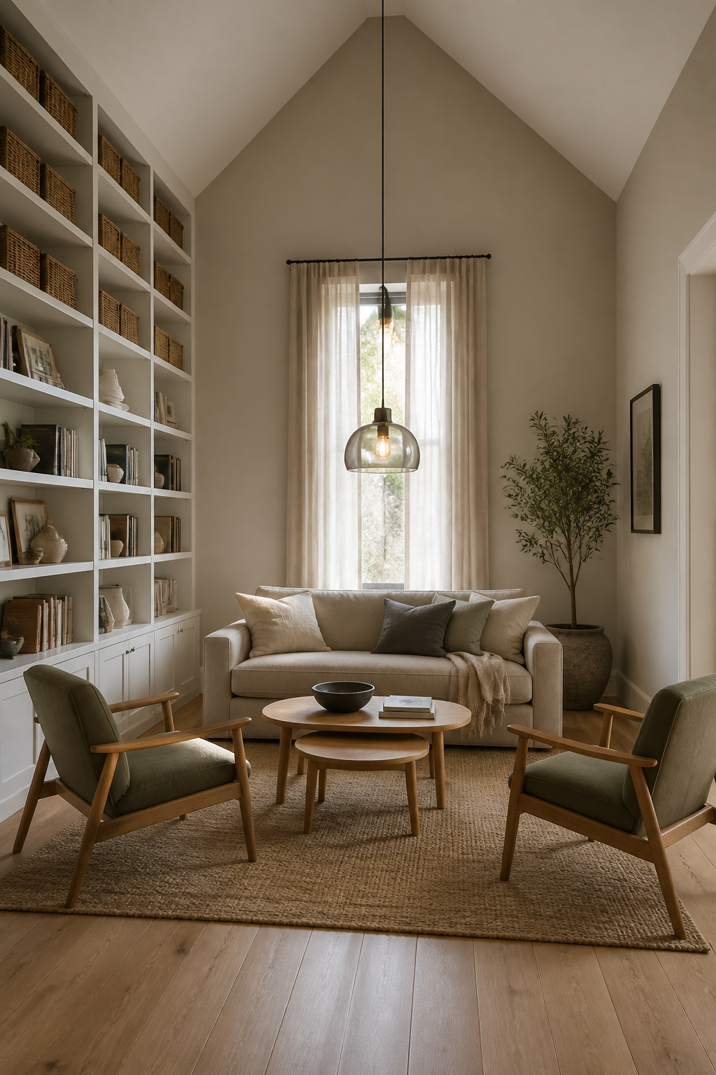 Small living room with high vaulted ceiling showing low-profile sofa, floor-to-ceiling shelving and pendant light dropped to human zone