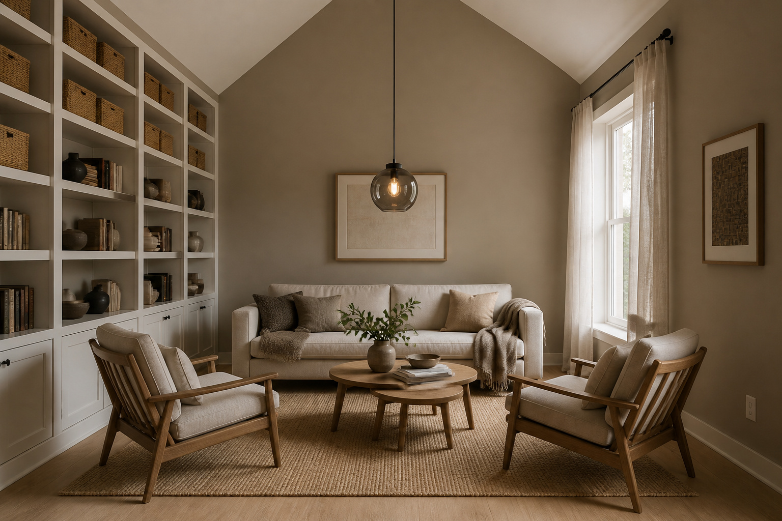 Small living room with high vaulted ceiling showing low-profile sofa, floor-to-ceiling shelving and pendant light dropped to human zone