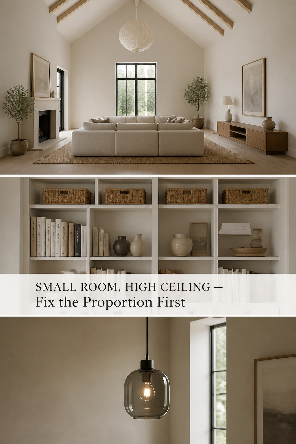 Pinterest guide to small living room with high ceiling showing low sofa, floor-to-ceiling shelving and dropped pendant light