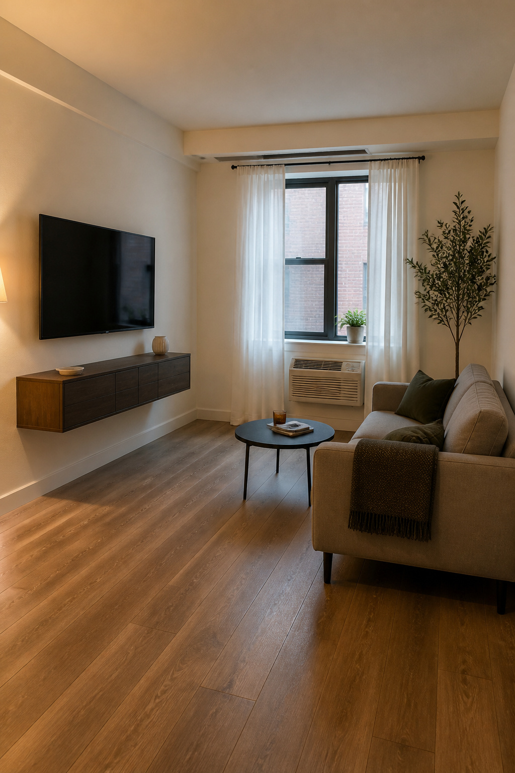 Compact apartment living room with wall-mounted TV and narrow floating media console showing full floor plane