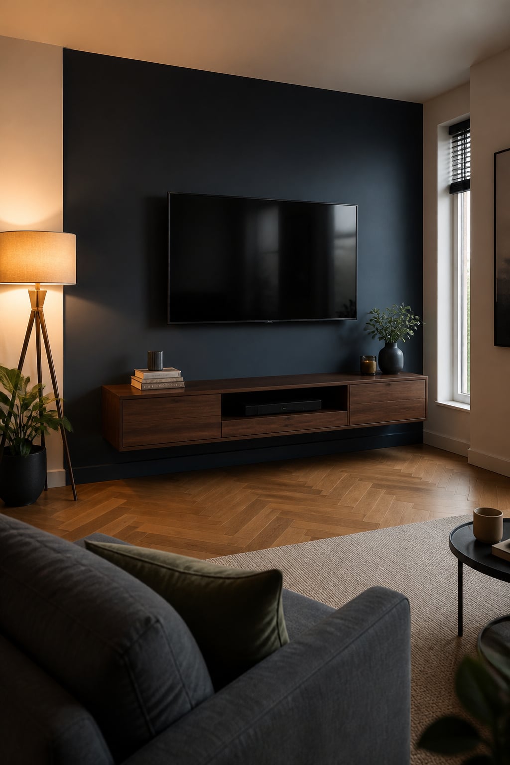 Wall-mounted TV at correct height in a small living room with dark accent wall and low floating walnut console