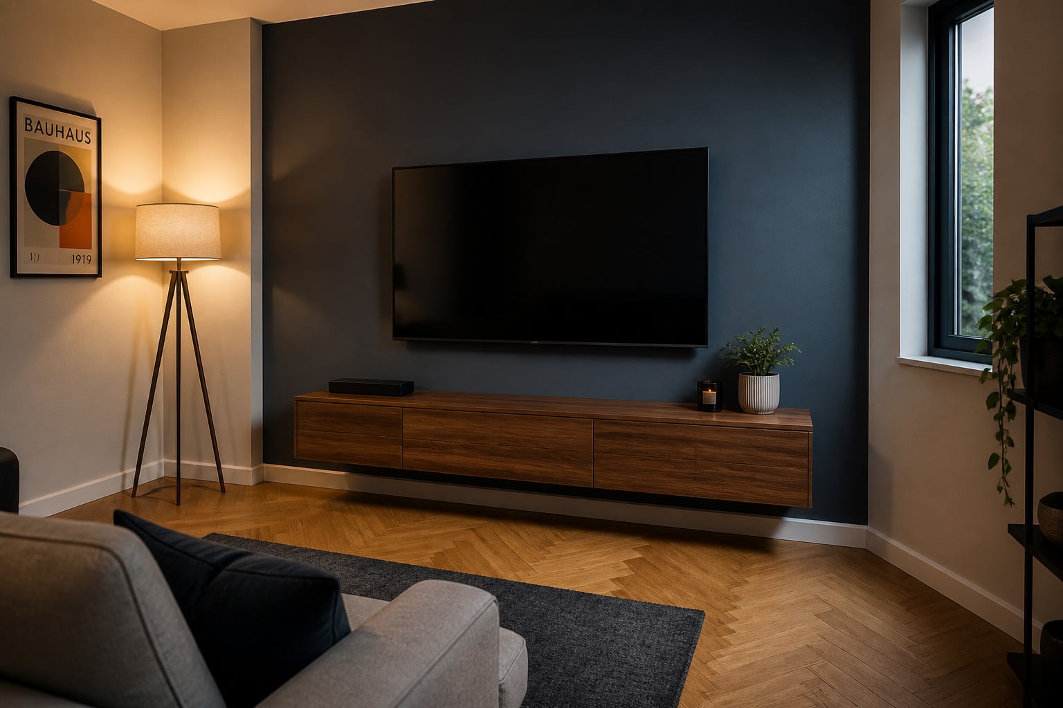 Wall-mounted TV at correct height in a small living room with dark accent wall and low floating walnut console