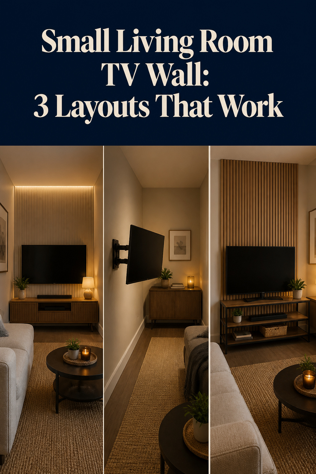 Three small living room TV wall layout options — centred, corner-mounted, and renter-safe freestanding — in a Pinterest collage