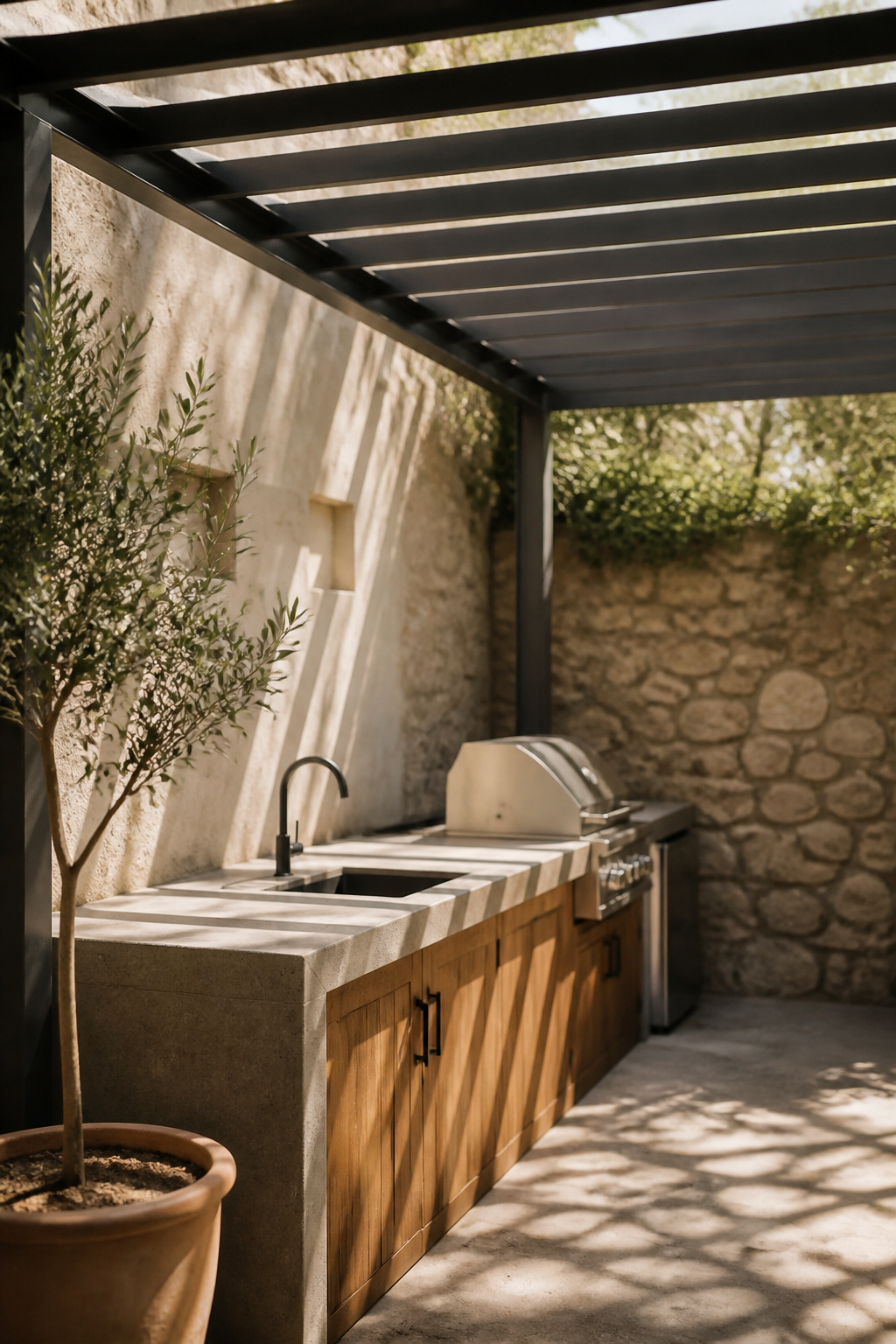 Compact aluminum pergola with open rafter spacing shading a small courtyard outdoor kitchen