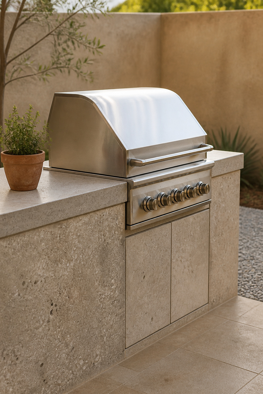 Six-foot run of small outdoor kitchen counter with a built-in grill and narrow landing space on each side