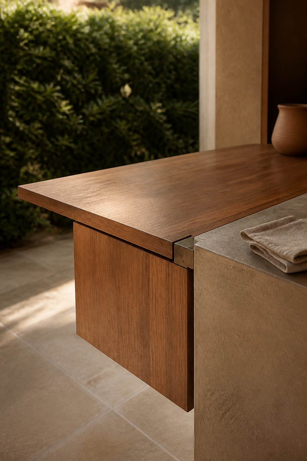 Drop-leaf teak counter extension raised for extra prep space beside a fixed outdoor kitchen counter