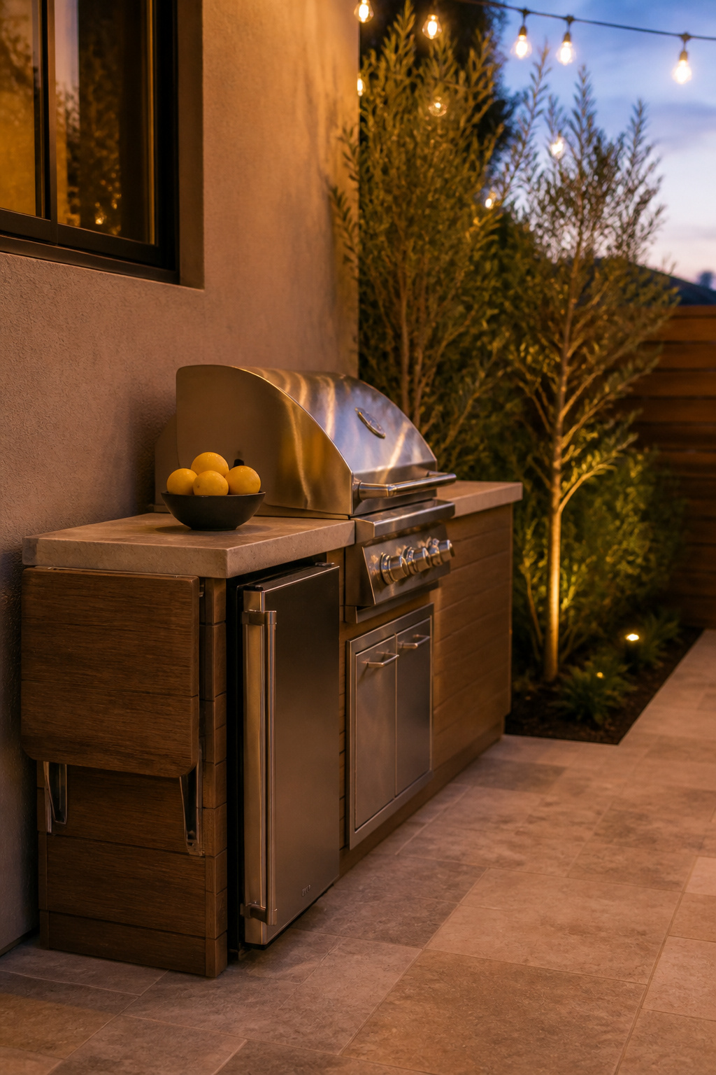 Finished small outdoor kitchen with grill, drawer fridge and folded counter ready for use at dusk