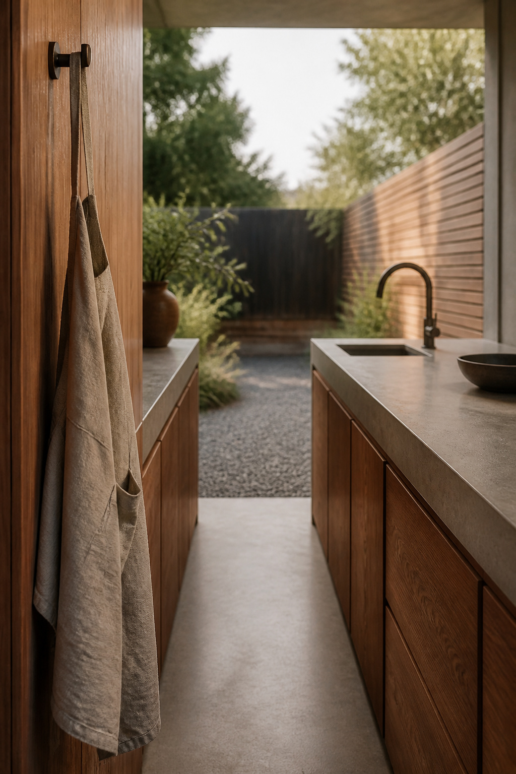 Galley-style small outdoor kitchen with two narrow parallel counters facing a central walkway