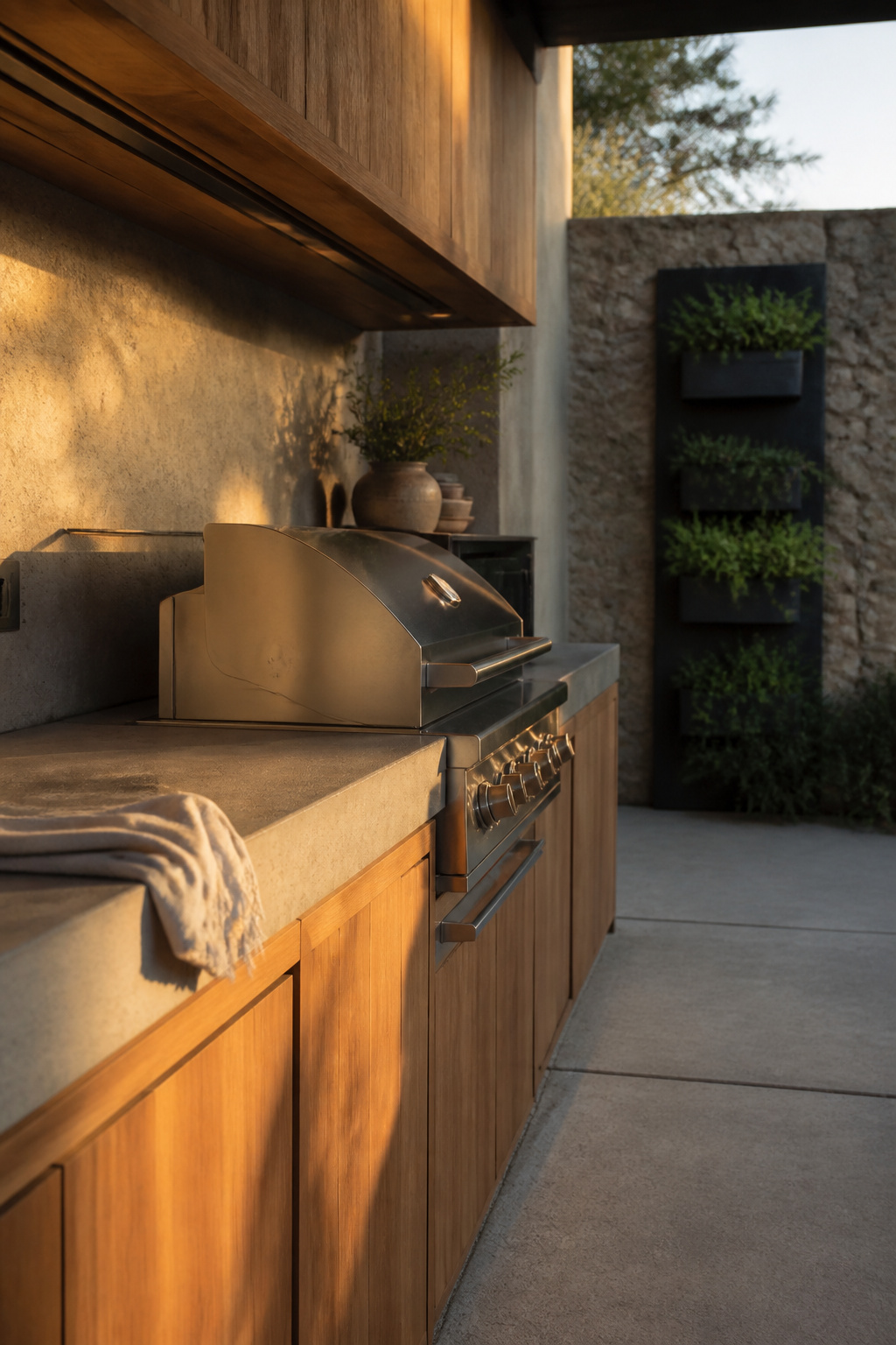 Compact single-run small outdoor kitchen with grill and storage fitted along a narrow courtyard wall