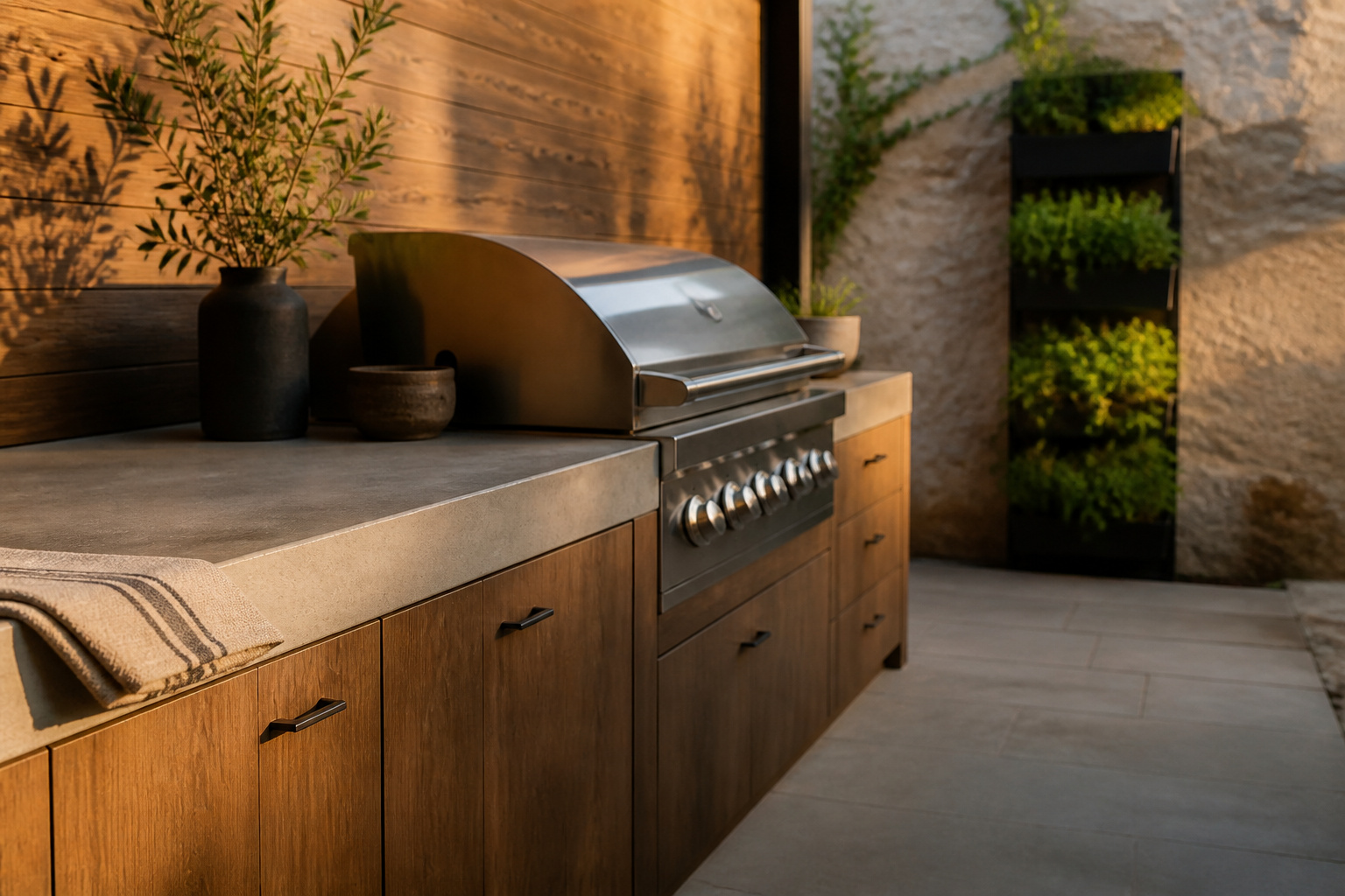 Compact single-run small outdoor kitchen with grill and storage fitted along a narrow courtyard wall